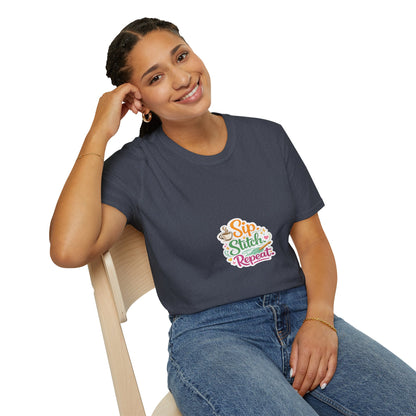 Sip Stitch Repeat T-Shirt – Cute Crochet Shirt for Yarn Lovers | Crafting Coffee Graphic Tee