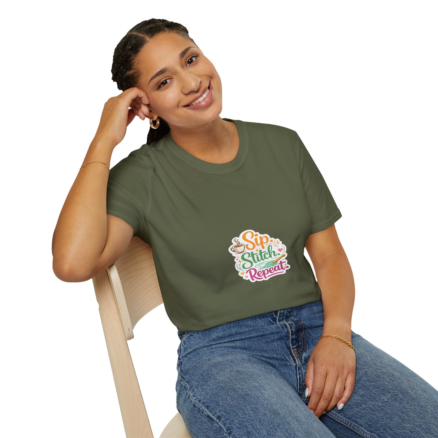 Sip Stitch Repeat T-Shirt – Cute Crochet Shirt for Yarn Lovers | Crafting Coffee Graphic Tee