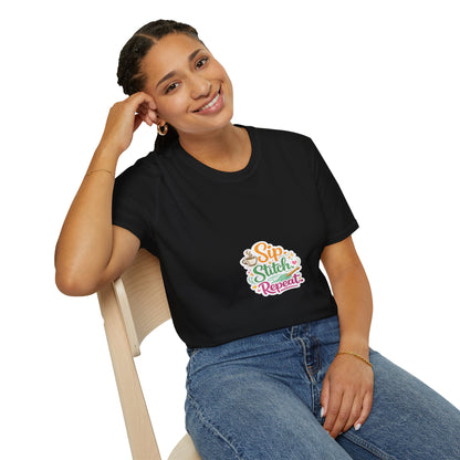 Sip Stitch Repeat T-Shirt – Cute Crochet Shirt for Yarn Lovers | Crafting Coffee Graphic Tee