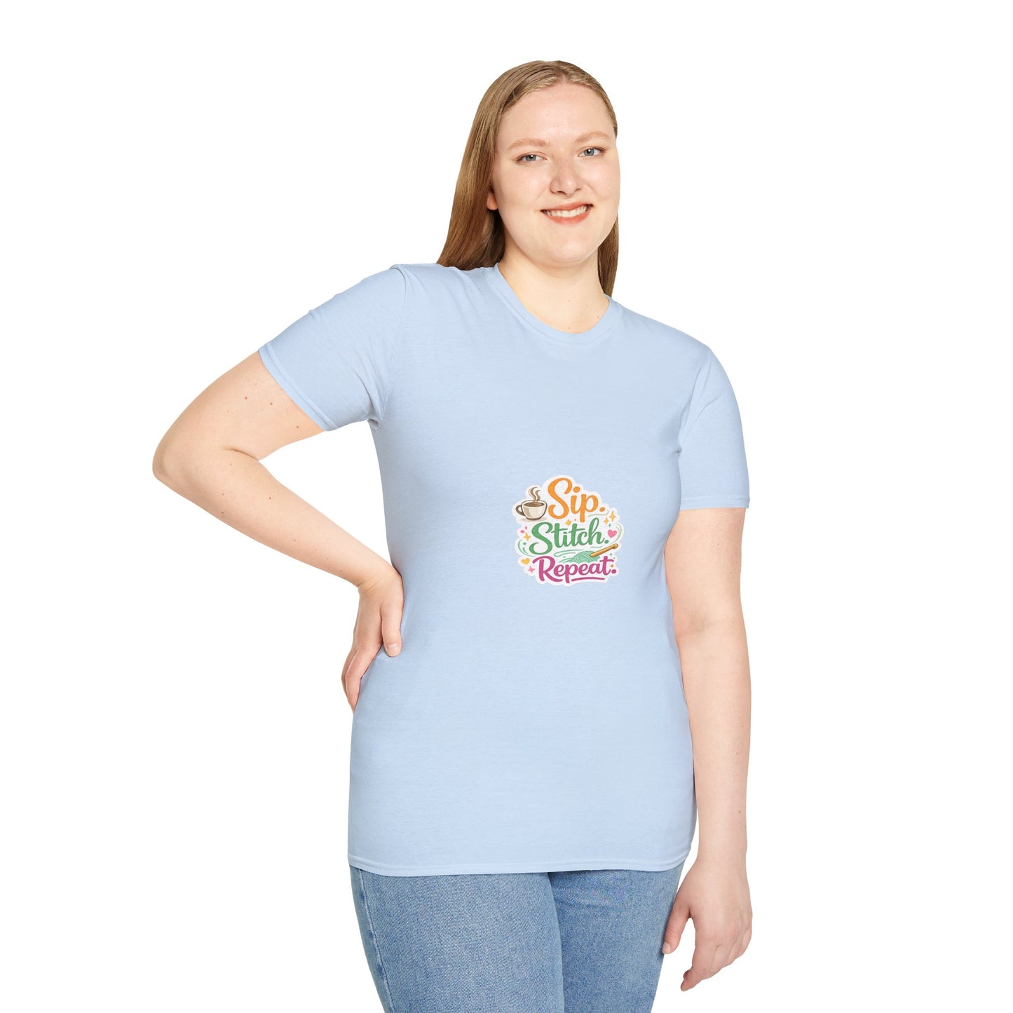 Sip Stitch Repeat T-Shirt – Cute Crochet Shirt for Yarn Lovers | Crafting Coffee Graphic Tee