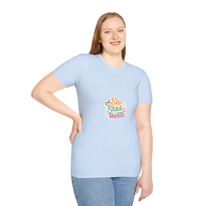 Sip Stitch Repeat T-Shirt – Cute Crochet Shirt for Yarn Lovers | Crafting Coffee Graphic Tee
