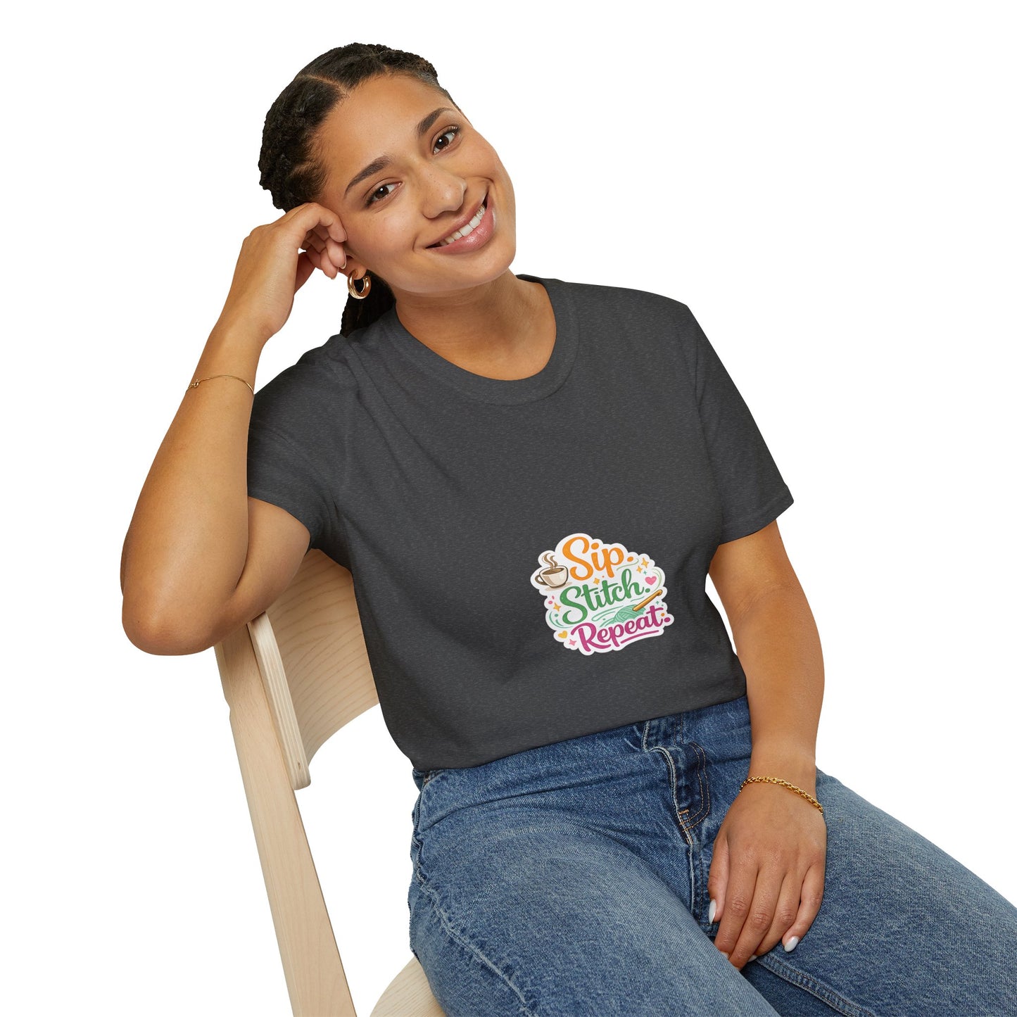 Sip Stitch Repeat T-Shirt – Cute Crochet Shirt for Yarn Lovers | Crafting Coffee Graphic Tee