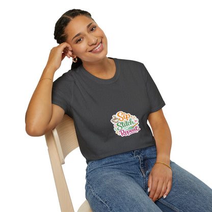 Sip Stitch Repeat T-Shirt – Cute Crochet Shirt for Yarn Lovers | Crafting Coffee Graphic Tee