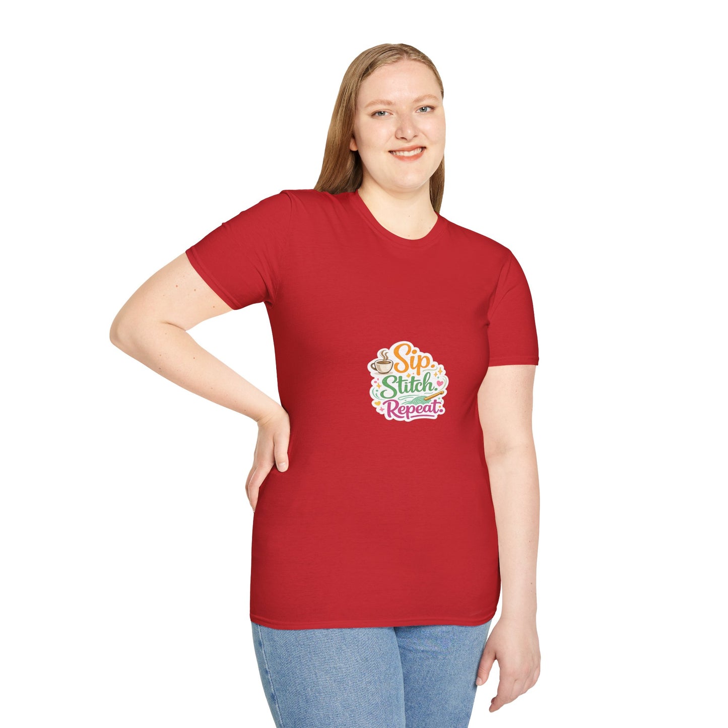 Sip Stitch Repeat T-Shirt – Cute Crochet Shirt for Yarn Lovers | Crafting Coffee Graphic Tee