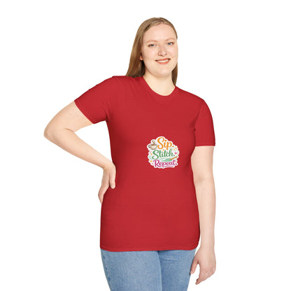 Sip Stitch Repeat T-Shirt – Cute Crochet Shirt for Yarn Lovers | Crafting Coffee Graphic Tee