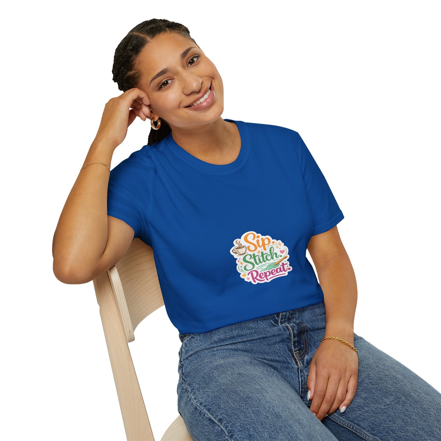 Sip Stitch Repeat T-Shirt – Cute Crochet Shirt for Yarn Lovers | Crafting Coffee Graphic Tee