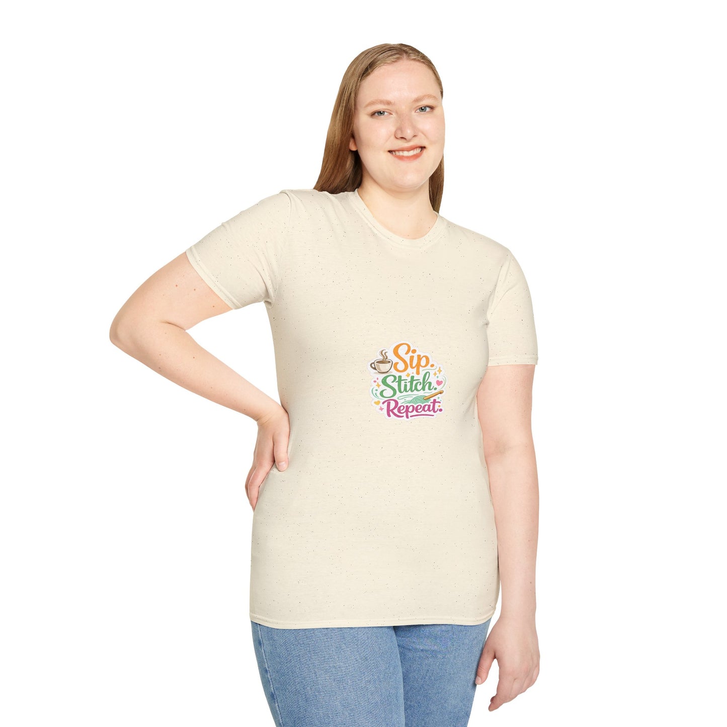 Sip Stitch Repeat T-Shirt – Cute Crochet Shirt for Yarn Lovers | Crafting Coffee Graphic Tee