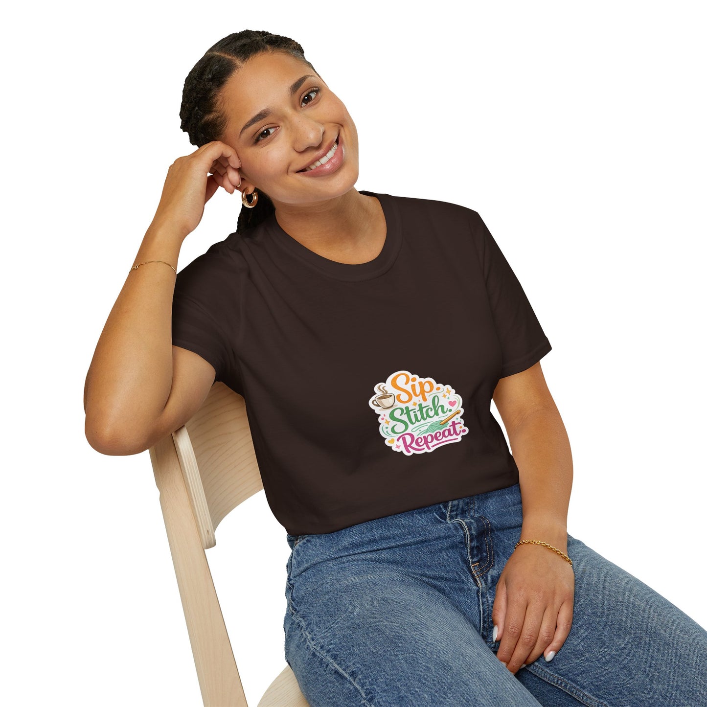 Sip Stitch Repeat T-Shirt – Cute Crochet Shirt for Yarn Lovers | Crafting Coffee Graphic Tee