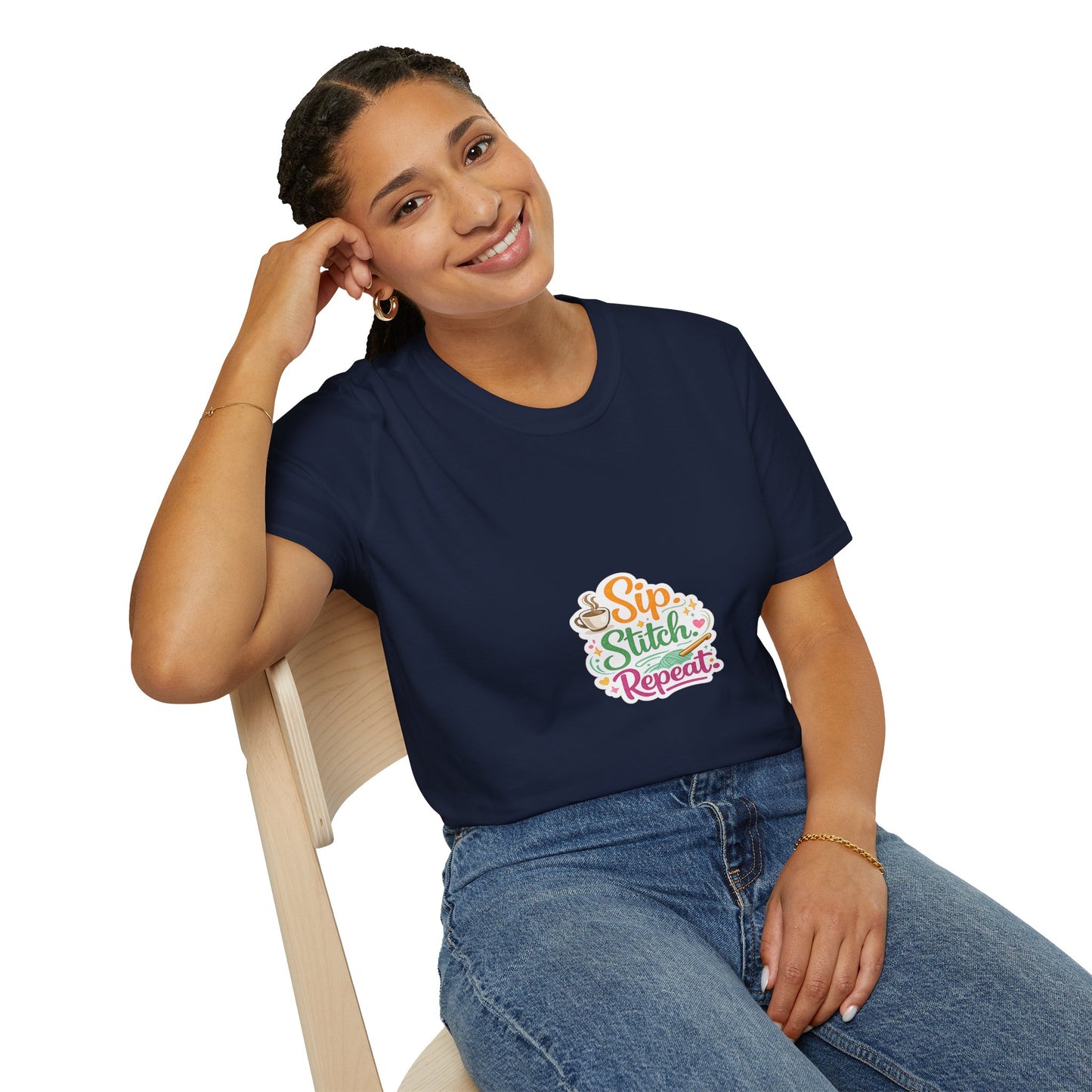 Sip Stitch Repeat T-Shirt – Cute Crochet Shirt for Yarn Lovers | Crafting Coffee Graphic Tee
