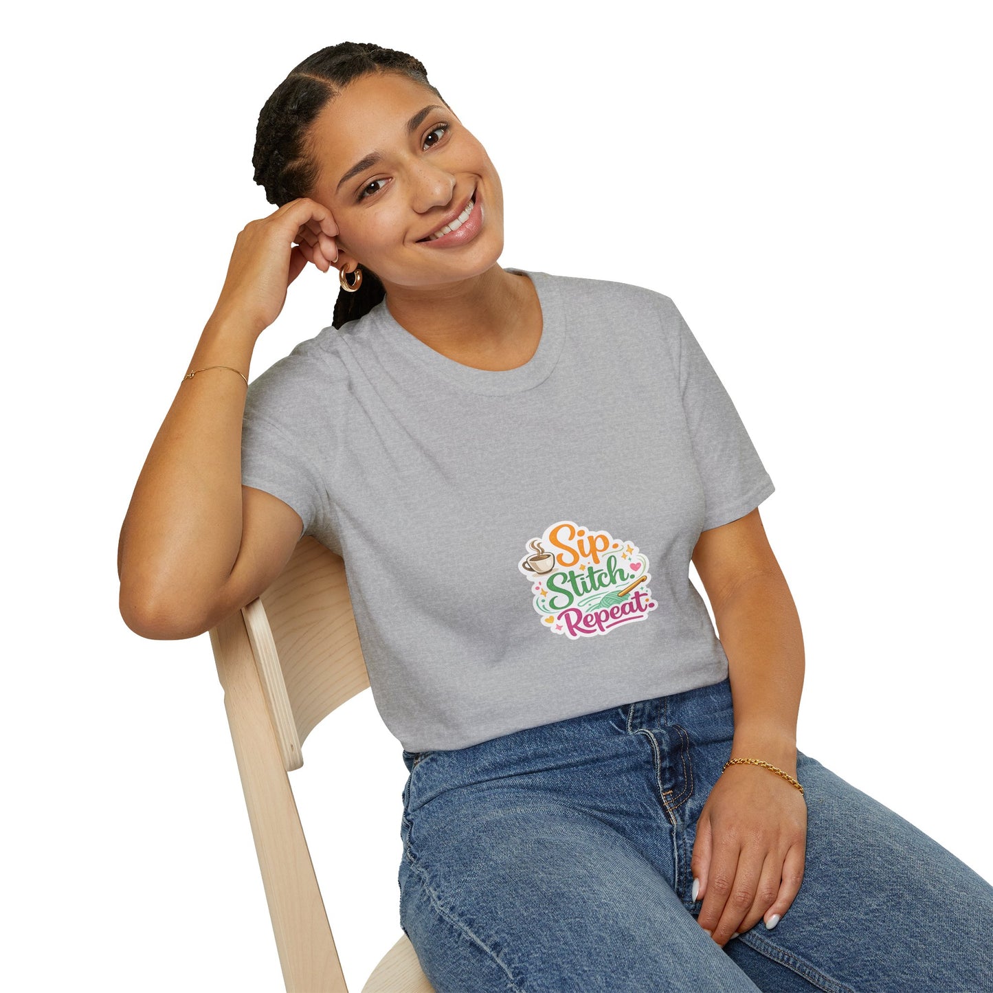 Sip Stitch Repeat T-Shirt – Cute Crochet Shirt for Yarn Lovers | Crafting Coffee Graphic Tee